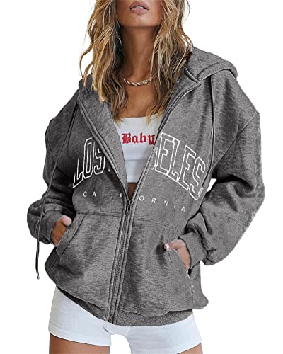 Tomwell Damen Casual Hoddie Langarm Sweatshirt California Brief Print Sweatshirt mit Reißverschluss Oversized Hip Hop Tops Teenager Mädchen Vintage C Dunkelgrau L von Tomwell