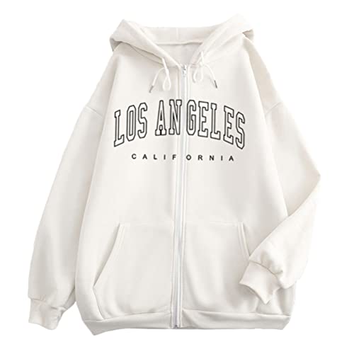 Tomwell Damen Casual Hoodie Langarm Sweatshirt California Brief Print Sweatshirt mit Reißverschluss Oversized Hip Hop Tops Teenager Mädchen Vintage Pullover A Weiß M von Tomwell