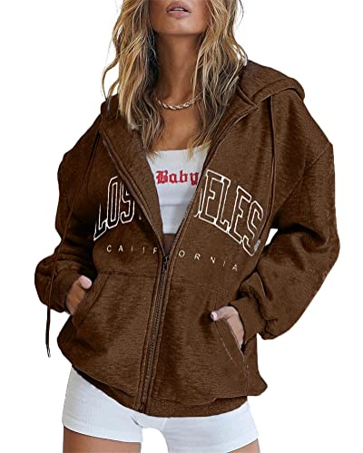 Tomwell Damen Casual Hoddie Langarm Sweatshirt California Brief Print Sweatshirt mit Reißverschluss Oversized Hip Hop Tops Teenager Mädchen Vintage Pullover C Braun L von Tomwell