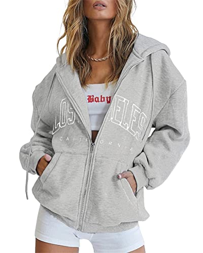 Tomwell Damen Casual Hoddie Langarm Sweatshirt California Brief Print Sweatshirt mit Reißverschluss Oversized Hip Hop Tops Teenager Mädchen Vintage Pullover C Hellgrau L von Tomwell