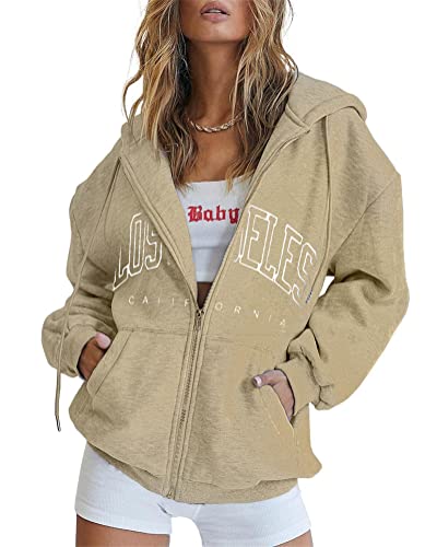 Tomwell Damen Casual Hoddie Langarm Sweatshirt California Brief Print Sweatshirt mit Reißverschluss Oversized Hip Hop Tops Teenager Mädchen Vintage Pullover C Khaki M von Tomwell