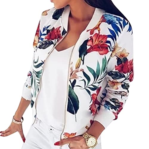 Tomwell Damen Casual Jacke Blumenmuster Langarm Bomberjacke Mode Reißverschluss Stehkragen Outwear Kurz Coat Herbst Frühling A Weiß01 40 von Tomwell