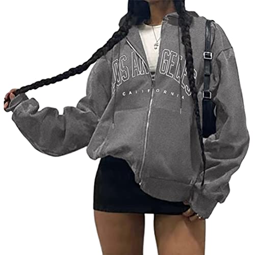 Tomwell Damen Casual Zip Up Hoodies Langarm Sweatshirt California Brief Print Kapuzenjacke Oversized Hip Hop Pullover Vintage Kordelzug Sweatjacke 90er E-Girl Top A Dunkelgrau L von Tomwell