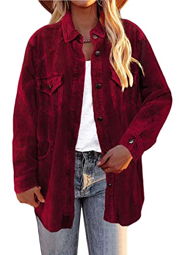 Tomwell Damen Cordhemd Jacke mit Taschen Knöpfen Langarm Oversize Bluse Mantel Hemdjacke Mode Revers Freizeitjacke B Rot XXL von Tomwell