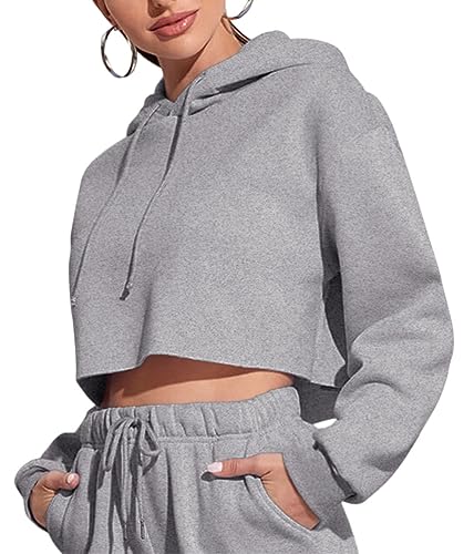 Tomwell Damen Crop Hoodie Teenager Mädchen Bauchfrei Kapuzenpullover Langarm Kurz Hoodie Sweatshirt Crop Pullover Tops Kapuzenpulli mit Kordel und Taschen A Grau XS von Tomwell