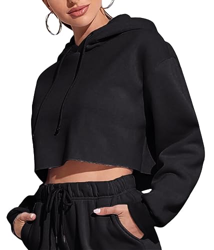 Tomwell Damen Crop Hoodie Teenager Mädchen Bauchfrei Kapuzenpullover Langarm Kurz Hoodie Sweatshirt Crop Pullover Tops Kapuzenpulli mit Kordel und Taschen A Schwarz L von Tomwell