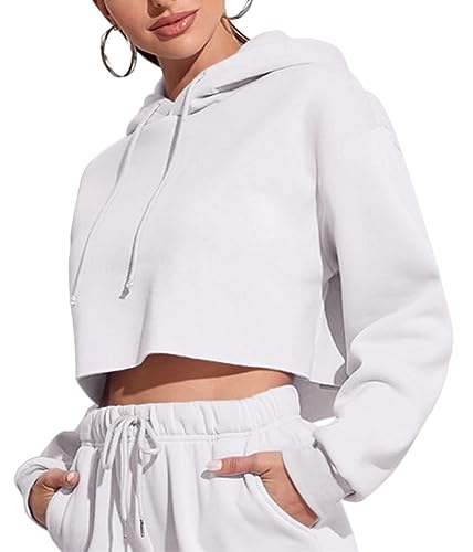 Tomwell Damen Crop Hoodie Teenager Mädchen Bauchfrei Kapuzenpullover Langarm Kurz Hoodie Sweatshirt Crop Pullover Tops Kapuzenpulli mit Kordel und Taschen A Weiß XS von Tomwell