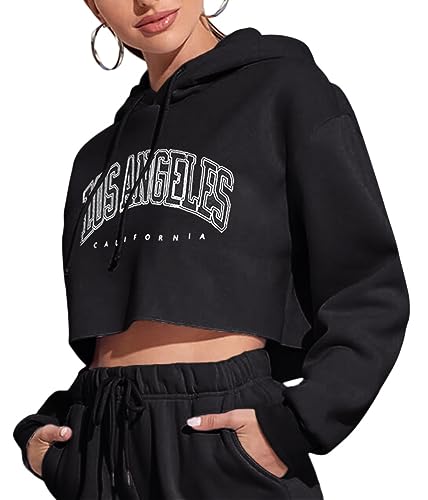 Tomwell Damen Crop Hoodie Teenager Mädchen Bauchfrei Kapuzenpullover Langarm Kurz Hoodie Sweatshirt Crop Pullover Tops Kapuzenpulli mit Kordel und Taschen B Schwarz M von Tomwell