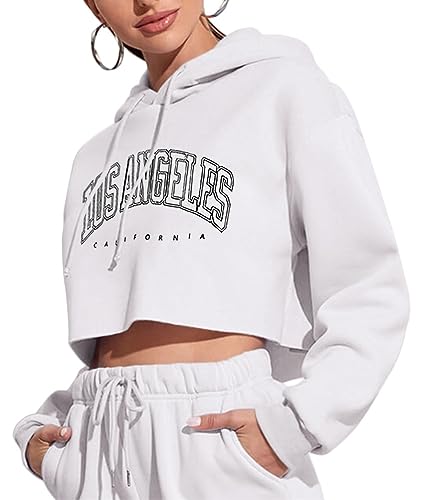 Tomwell Damen Crop Hoodie Teenager Mädchen Bauchfrei Kapuzenpullover Langarm Kurz Hoodie Sweatshirt Crop Pullover Tops Kapuzenpulli mit Kordel und Taschen B Weiß XS von Tomwell