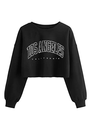 Tomwell Damen Crop Sweatshirt Los Angeles Pullover Langarm Lose Rundhals Bauchfrei Pulli Oversized Casual Bequem Sexy Pullover Teenager Mädchen Sportbekleidung Crop Tops A Schwarz M von Tomwell