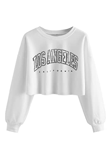 Tomwell Damen Crop Sweatshirt Los Angeles Pullover Langarm Lose Rundhals Bauchfrei Pulli Oversized Casual Bequem Sexy Pullover Teenager Mädchen Sportbekleidung Crop Tops A Weiß M von Tomwell