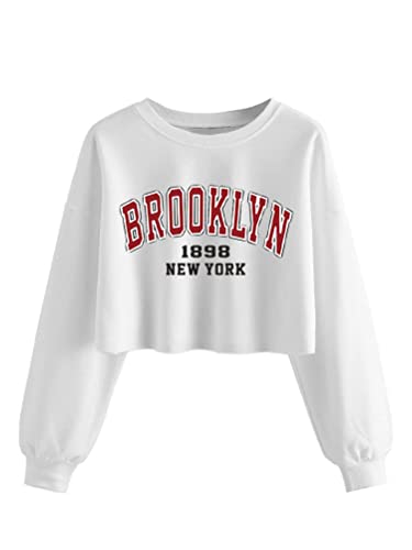 Tomwell Damen Crop Sweatshirt Los Angeles Pullover Langarm Lose Rundhals Bauchfrei Pulli Oversized Casual Bequem Sexy Pullover Teenager Mädchen Sportbekleidung Crop Tops B Weiß L von Tomwell