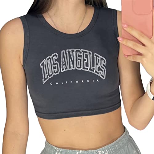 Tomwell Damen Crop Tank Top Sportshirt Sexy Oberteil Bauchfrei Sommer Vintage Ärmellose Shirts mit Buchstaben Grafik Crop Tops Sweatshirt Rundhals Teenager Mädchen Bluse A Dunkelgrau M von Tomwell