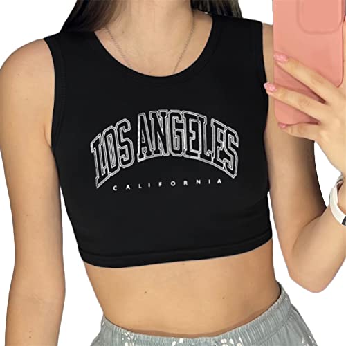 Tomwell Damen Crop Tank Top Sportshirt Sexy Oberteil Bauchfrei Sommer Vintage Ärmellose Shirts mit Buchstaben Grafik Crop Tops Sweatshirt Rundhals Teenager Mädchen Bluse A Schwarz S von Tomwell