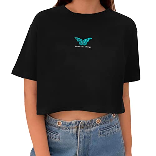 Tomwell Damen Crop Tops Kurzarm T-Shirts Slim Fit Rundhals Shirt Sommershirts Lustig Streetwear Sonne Mond Motiv Sport Bauchfrei Oberteile Sweatshirt Teenager Mädchen E Schwarz XS von Tomwell