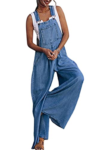 Tomwell Damen Denim Overall Zerrissen Jumpsuit Casual Jeans Gerades Bein Frauen Klassisch Latzjeans Vintage Straight Fit Overalls Baggy Boyfriend Dungarees Ärmellos mit Taschen C Blau XS von Tomwell