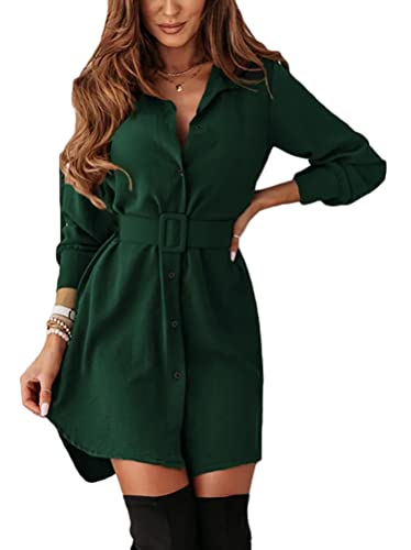 Tomwell Damen Einreiher Blusenkleid Revers Kleider Tunika Kleid Hemdkleid Mit Knöpfen Winterkleid Knielang Kleid Langarm V-Ausschnitt Minikleid Mit Gürtel Freizeit Strickkleider Grün L von Tomwell