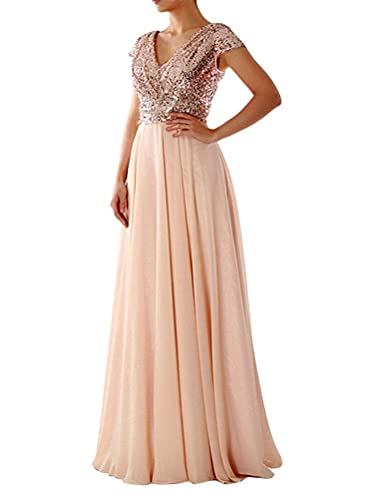 Tomwell Damen Elegant A-Linie V-Ausschnitt Abendkleid Paillettenkleid Partykleid Sexy Kurzarm Cocktailkleid Brautjungfer Hochzeit Glitzer Maxikleid Ballkleid Langes B Beige 38 von Tomwell