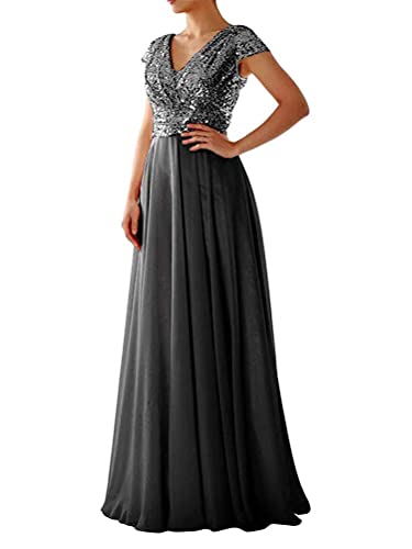 Tomwell Damen Elegant A-Linie V-Ausschnitt Abendkleid Paillettenkleid Partykleid Sexy Kurzarm Cocktailkleid Brautjungfer Hochzeit Glitzer Maxikleid Ballkleid Langes B Schwarz 40 von Tomwell