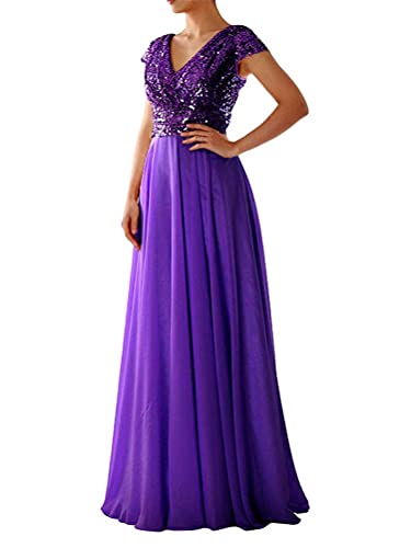 Tomwell Damen Elegant A-Linie V-Ausschnitt Abendkleid Paillettenkleid Partykleid Sexy Kurzarm Cocktailkleid Brautjungfer Hochzeit Glitzer Maxikleid Ballkleid Langes B Violett 42 von Tomwell