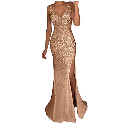 Tomwell Damen Elegant A-Linie V-Ausschnitt Abendkleid Paillettenkleid Partykleid Sexy Kurzarm Cocktailkleid Brautjungfer Hochzeit Glitzer Maxikleid Ballkleid Langes Z Gold 46 von Tomwell