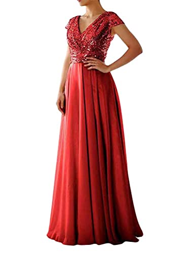 Tomwell Damen Elegant A-Linie V-Ausschnitt Chiffon Abendkleid Ballkleid Brautjungfernkleid Maxilang B Rot 38 von Tomwell