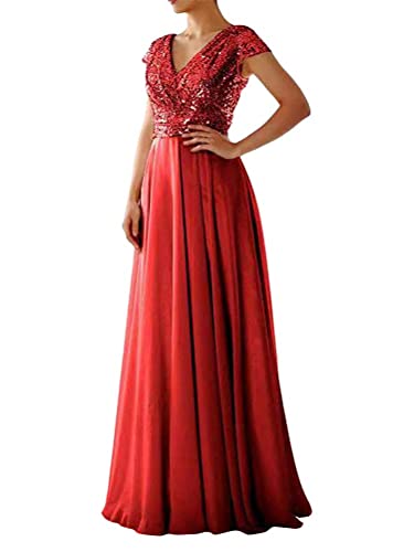 Tomwell Damen Elegant A-Linie V-Ausschnitt Chiffon Abendkleid Ballkleid Brautjungfernkleid Maxilang B Rot 40 von Tomwell