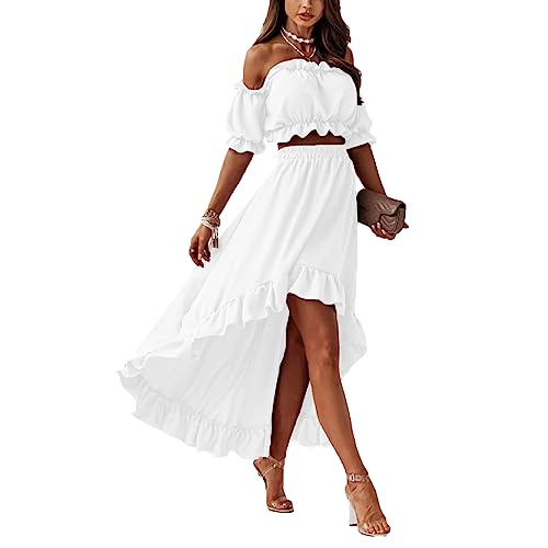 Tomwell Damen Elegant Drucken Zweiteiler Mini Weste Rock Anzug zweiteiligen Strandrock Kleid Weste Rock Anzug Zweiteiliges Outfit Anzug Set Mode Blumendruck Kleid A Weiß L von Tomwell