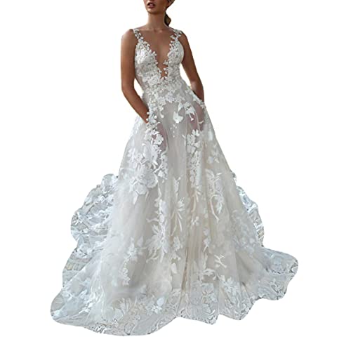 Tomwell Damen Elegant Maxi Kleider V-Ausschnitt Lang Abendkleid Festlich Cocktail Herbstkleider Elegant Hochzeitkleid Brautkleid D Weiß M von Tomwell