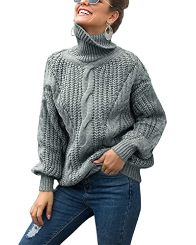 Tomwell Damen Elegant Rollkragenpullover Oversize Langarm Beiläufige Grobstrickpullover Strickpullover Sweatshirts A Grau 44 von Tomwell