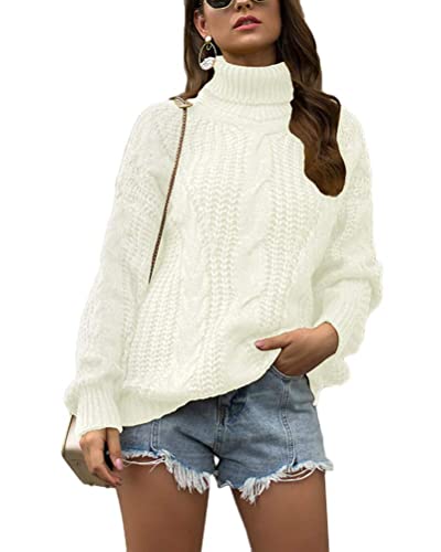 Tomwell Damen Elegant Rollkragenpullover Oversize Langarm Beiläufige Grobstrickpullover Strickpullover Sweatshirts A Weiß 40 von Tomwell