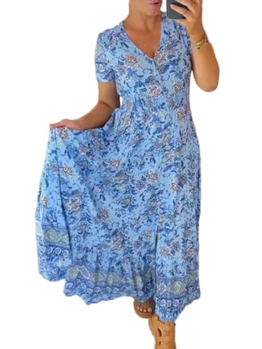 Tomwell Damen Elegant Sommerkleider Lange Kleid Boho Blumendruck Kurzarm V-Ausschnitt Hohe Taille Maxikleid Partykleid Blumenkleid Strandkleid Cocktailkleid A Blau XXL von Tomwell