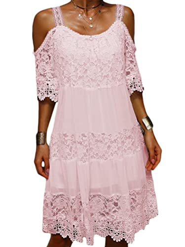 Tomwell Damen Elegant Spitzenkleid Spaghettiträge Minikleid A-Linie Kleider Einfarbig Casual Lose Sommerkleid Strandkleid Skaterkleid C Rosa 3XL von Tomwell