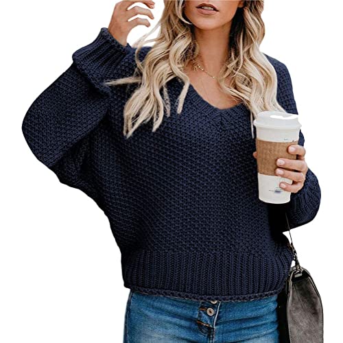 Tomwell Damen Elegant Strickpulli Pullover V-Ausschnitt Langarm Beiläufige Grobstrickpullover Strickpullover Sweatshirts A Dunkelblau 42 von Tomwell