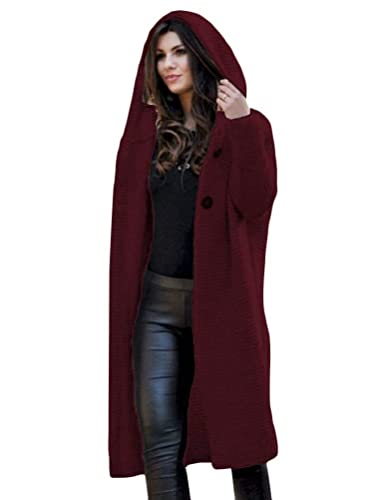 Tomwell Damen Elegante Gestrickte Strickjacke Outwear Lange Verdicken Cardigan Strickmantel mit Kapuzen Winterjacke Pullover Pulli Offener Ausschnitt A Weinrot 42 von Tomwell