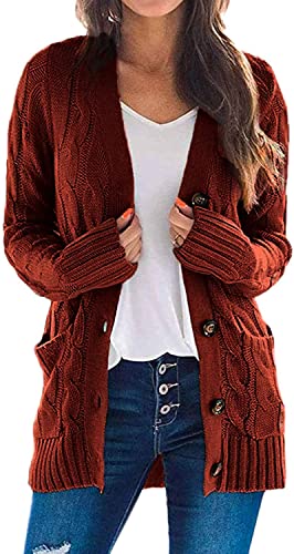 Tomwell Damen Elegante Gestrickte Strickjacke Outwear Lange Verdicken Cardigan Strickmantel mit Kapuzen Winterjacke Pullover Pulli Offener Ausschnitt B Rot 40 von Tomwell