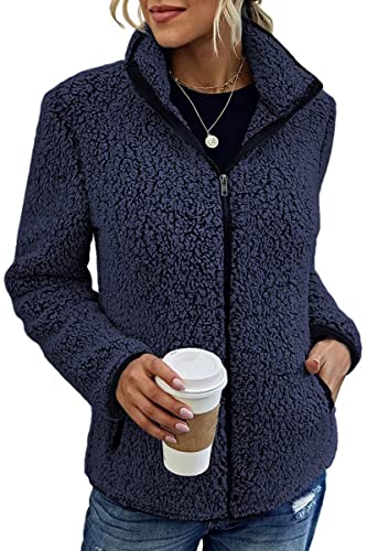 Tomwell Damen Fleecejacke Flauschjacke Herbst Winter Mantel Einfarbig Langarm Stehkragen Oberbekleidung Casual Fashion Plüschjacke Reißverschluss Blase Fleecejacke A Dunkelblau XXL von Tomwell