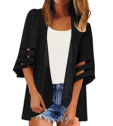 Tomwell Damen Floral Kimono Cardigan Bikini Cover Up Strandponcho Sommer Bademode Strand Vertuschen Große Größen Shirt A Schwarz 3XL von Tomwell