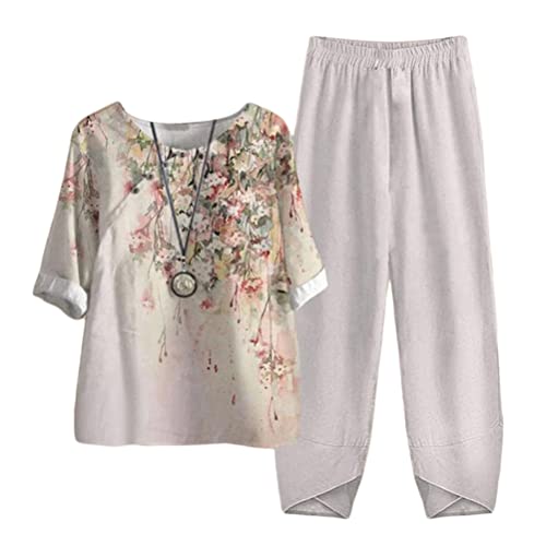 Tomwell Damen Freizeitanzug Bedrucktes Oberteil mit Halbem Ärmel und Hose Zweiteiliger Bequemer Anzug Sommer Elegant Hosenanzug mit Button Streetwear A Beige1 3XL von Tomwell