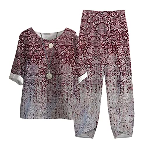 Tomwell Damen Freizeitanzug Bedrucktes Oberteil mit Halbem Ärmel und Hose Zweiteiliger Bequemer Anzug Sommer Elegant Hosenanzug mit Button Streetwear A Rot M von Tomwell