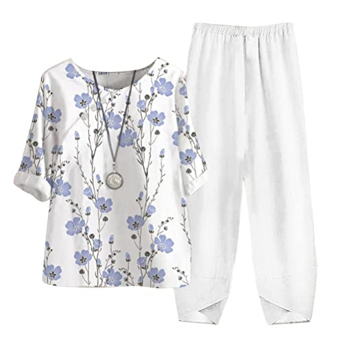 Tomwell Damen Freizeitanzug Bedrucktes Oberteil mit Halbem Ärmel und Hose Zweiteiliger Bequemer Anzug Sommer Elegant Hosenanzug mit Button Streetwear B Weiß1 XL von Tomwell