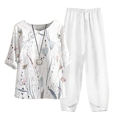 Tomwell Damen Freizeitanzug Bedrucktes Oberteil mit Halbem Ärmel und Hose Zweiteiliger Bequemer Anzug Sommer Elegant Hosenanzug mit Button Streetwear B Weiß2 L von Tomwell