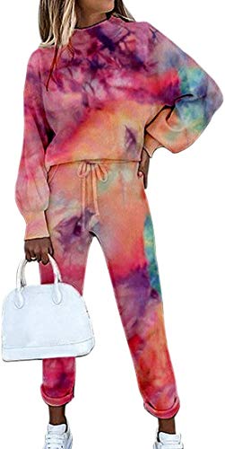 Tomwell Damen Frühling Freizeitanzug Sportanzug Jogginganzug Trainingsanzug 2 Teiliges Langarm Hosenanzug Loose Fit Jogginganzug Trainingsanzug Tracksuit C Farbstoff binden XS von Tomwell
