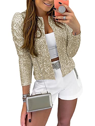 Tomwell Damen Glänzend Pailletten Jacke Cardigan Langarm Bolero Tops Kurz Oberteile Eleganter Blazer Glitzer Party Outfits Clubwear Champagner M von Tomwell