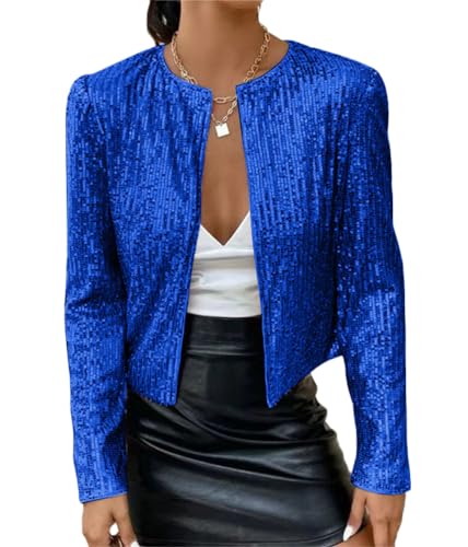 Tomwell Damen Glänzend Pailletten Jacke Cardigan Langarm Lässige Tops Kurz Oberteile Eleganter Blazer Glitzer Party Stehkragen Business Anzugjacke Clubwear A Blau L von Tomwell