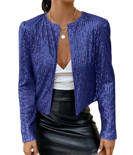 Tomwell Damen Glänzend Pailletten Jacke Cardigan Langarm Lässige Tops Kurz Oberteile Eleganter Blazer Glitzer Party Stehkragen Business Anzugjacke Clubwear A Dunkelblau L von Tomwell