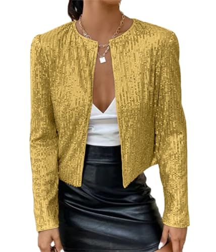 Tomwell Damen Glänzend Pailletten Jacke Cardigan Langarm Lässige Tops Kurz Oberteile Eleganter Blazer Glitzer Party Stehkragen Business Anzugjacke Clubwear A Gelb L von Tomwell