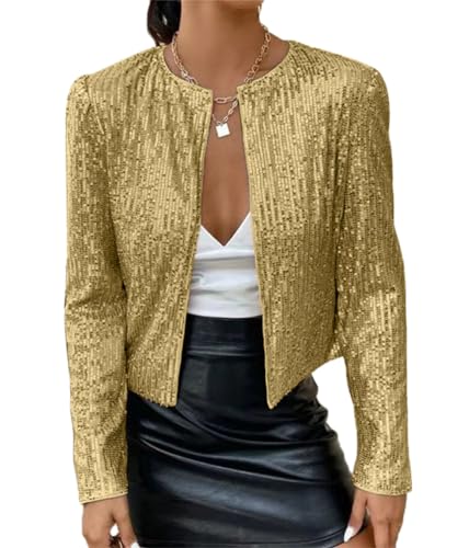 Tomwell Damen Glänzend Pailletten Jacke Cardigan Langarm Lässige Tops Kurz Oberteile Eleganter Blazer Glitzer Party Stehkragen Business Anzugjacke Clubwear A Gold L von Tomwell