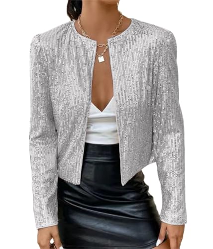 Tomwell Damen Glänzend Pailletten Jacke Cardigan Langarm Lässige Tops Kurz Oberteile Eleganter Blazer Glitzer Party Stehkragen Business Anzugjacke Clubwear A Grau L von Tomwell