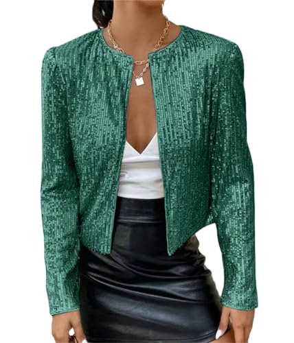 Tomwell Damen Glänzend Pailletten Jacke Cardigan Langarm Lässige Tops Kurz Oberteile Eleganter Blazer Glitzer Party Stehkragen Business Anzugjacke Clubwear A Grün XL von Tomwell